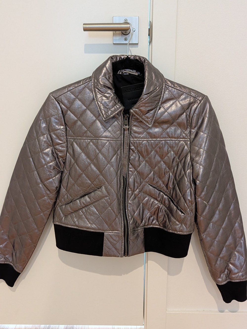AllSaints Quilted Metallic Bomber Jacket - Silver